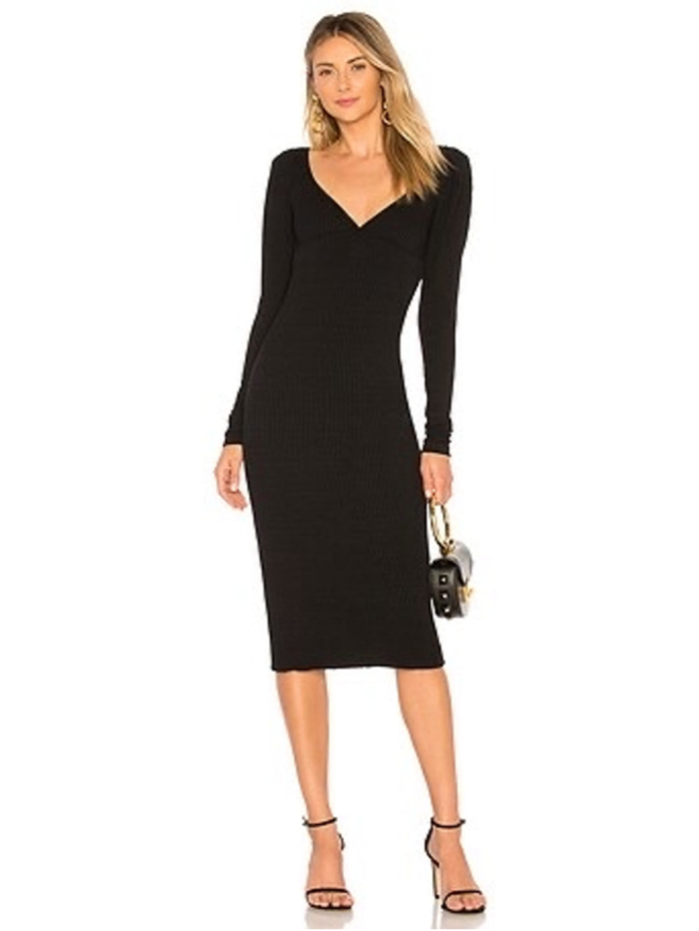 A.L.C. Dafne Dress Black Size Large Ribbed Knit Midi Length Long Puff Sleeves